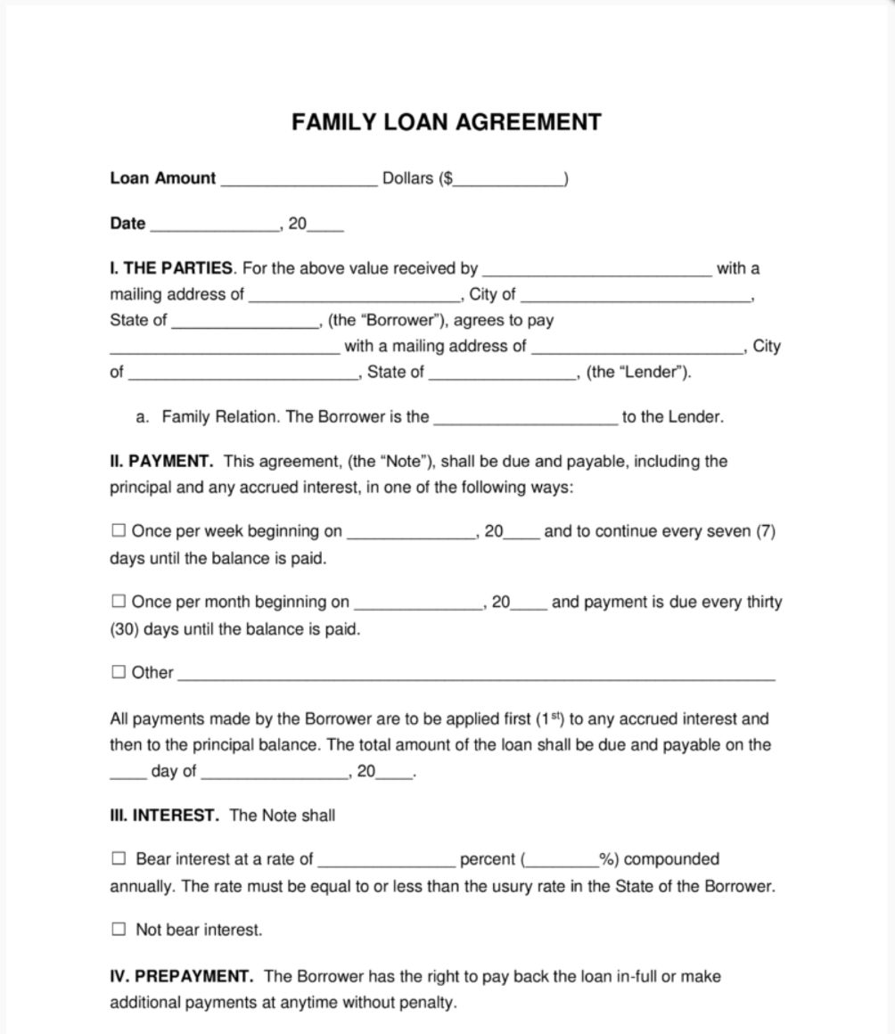 Example of family loan agreement.