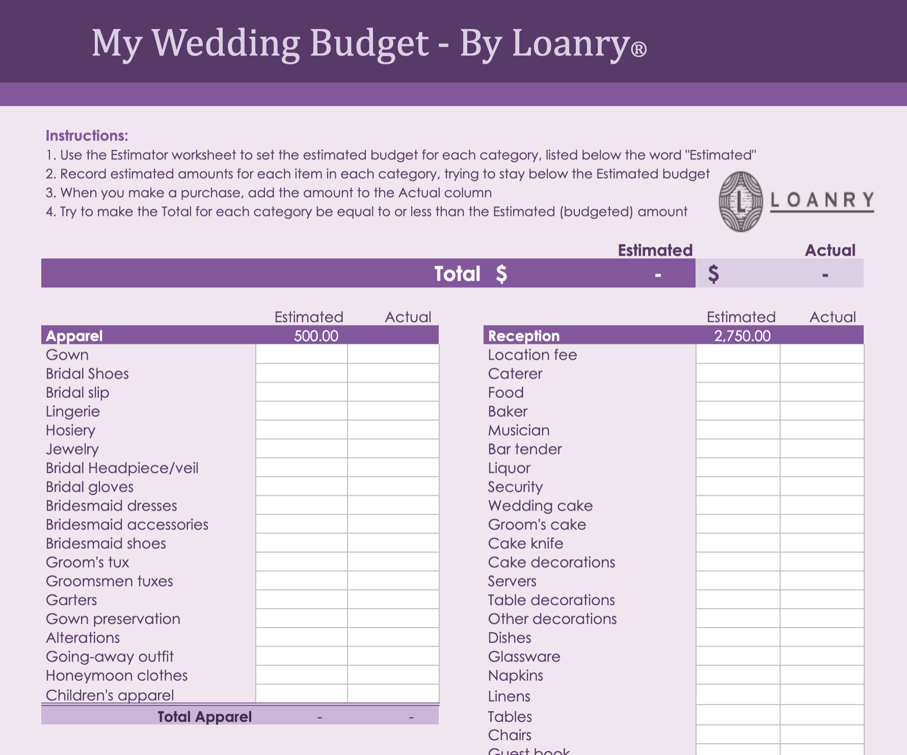 Loanry Wedding Budget WorkSheet