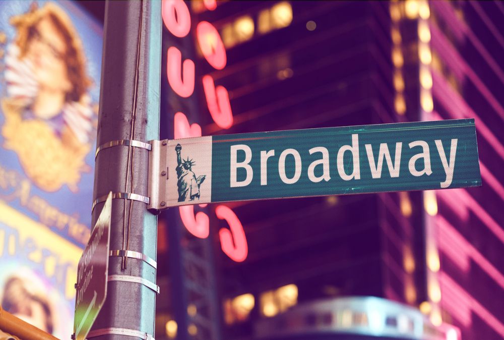 Green Broadway street sight at Times Square in New York City.