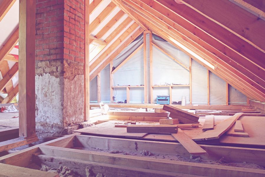 An interior view of a house attic under construction.
