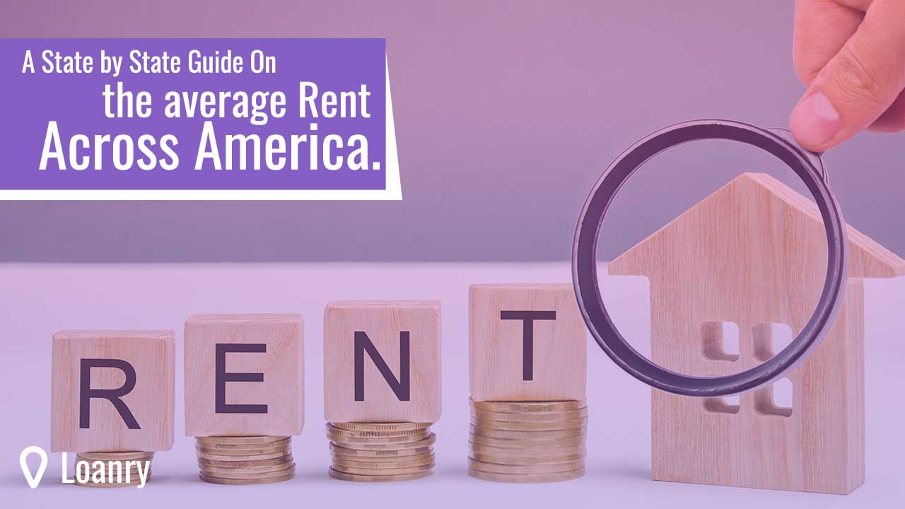 Magnifying glass, wooden blocks with the word Rent, coins and a miniature house.