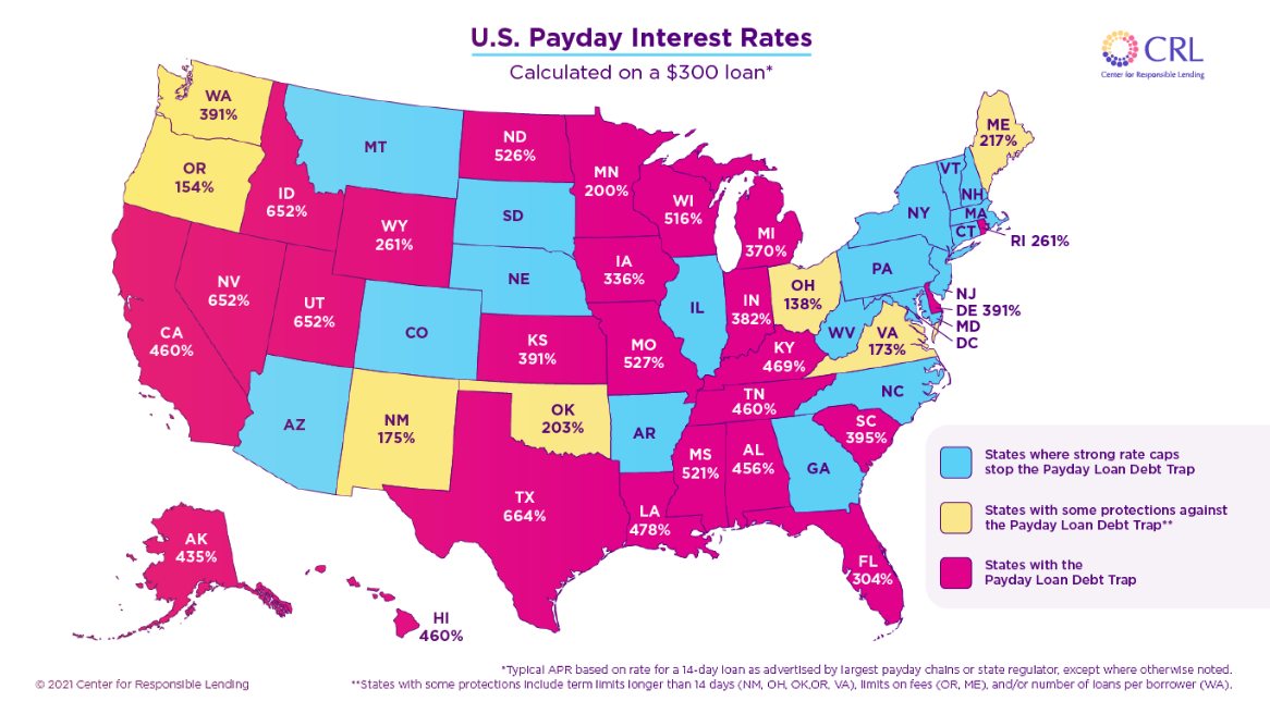 Payday Interest Rates U.S. map